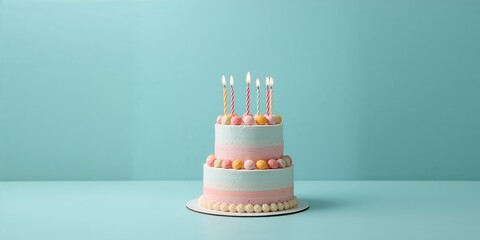 Pastel tiered birthday cake decorated with candies and colorful candles, festive celebration