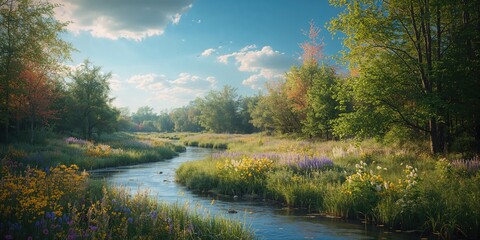 Obraz premium Vivid outdoor landscape with vibrant foliage and clear sky, ideal for nature preservation messages