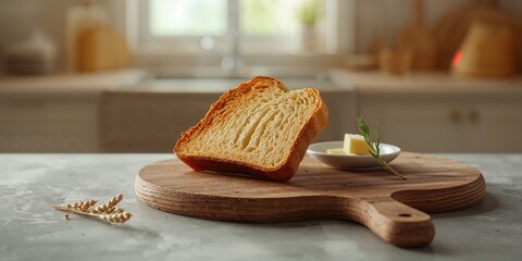Slices of toasted bread arranged on a wooden cutting board for meal prep, kitchen hygiene emphasis