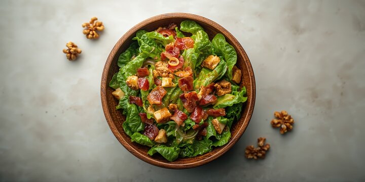 Flat lay of escarole salad with crispy bacon caramelized onion and crunchy walnuts highlighting healthy eating options, Earth Day