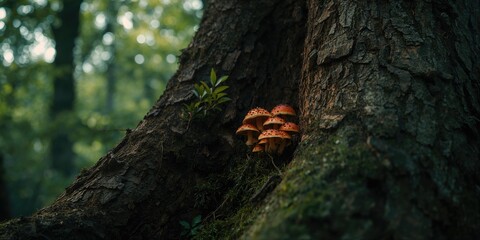 Forest scene with mushrooms sprouting on a tree, highlighting natural growth patterns