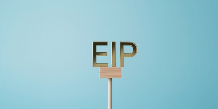 Financial protection icon for EIP economic insurance plan displayed on a wooden stick against a blue backdrop, business setting