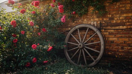 Antique wheel and blooming rose bush on a rural Australian property, agricultural history