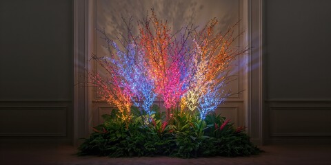 Vibrant decorative plants with multicolored branches and glowing tips used as a text or layout background, Earth Day