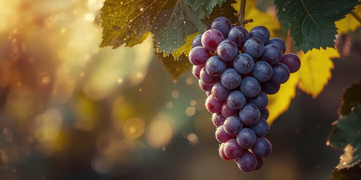 Cluster of ripe grapes with dew, highlighting natural moisture and fruit quality, ideal for fruit product layout - Powered by Adobe