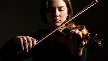 A woman with closed eyes playing the violin with intense focus.
