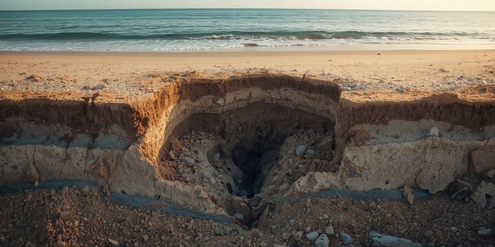Pebble beach with exposed soil layers and construction machinery, highlighting earth excavation activity