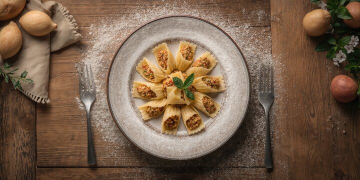 Fresh stuffed pasta with decorative edge on a rustic wooden surface, highlighting artisanal cooking methods