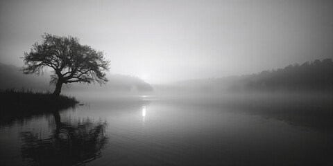 Serene lake scene in grayscale with still surface reflecting cloudy sky, suitable for editorial header backgrounds, World Environment Day