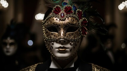 Fototapeta premium A person in a tuxedo wearing an elaborate golden mask with peacock feathers.