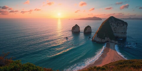 Seaside scene featuring rugged coast and surf, designed for editorial header background, World Oceans Day