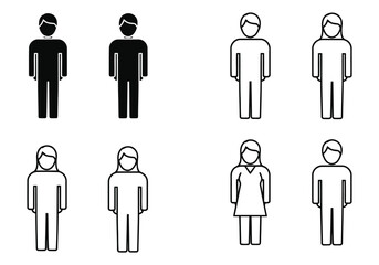 Collection of simple male and female pictogram icons in solid and outline styles