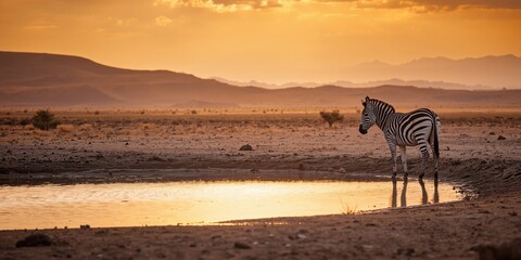 Naklejka premium Water and sunlight reflect on a zebra's black and white stripes during sunset in Africa, its herbivore nature