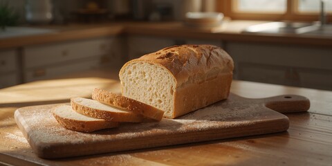 Sliced crusty bread displayed on a wooden cutting board, suitable for meal preparation and presentation