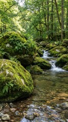 Fototapeta premium Serene Nature Landscape with Flowing Stream and Lush Greenery