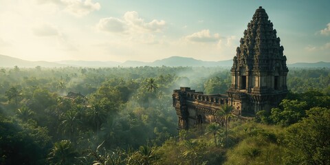 Naklejka premium Old Cambodian medieval ruins, weathered by time, ancient architecture, landscape, Earth Day