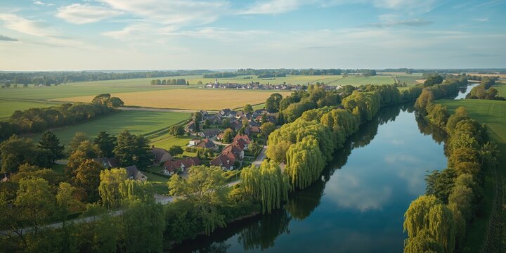 Aerial view of a village surrounded by green trees and a flowing river, suitable for rural development themes