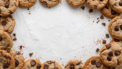 Top-down shot of freshly baked cookies with chocolate chips on a white background, focusing on homemade baked desserts, National Baking Week