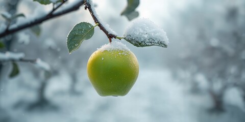 Green apple on a snow-dusted winter tree branch as a seasonal scene, Earth Day