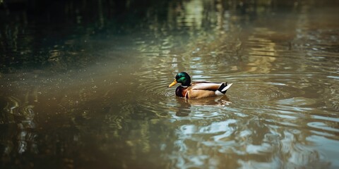 Female duck wading through contaminated water, highlighting environmental impact