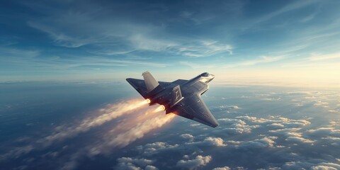 Fototapeta premium F-22 fighter executing a high-speed maneuver with active afterburners, surrounded by vapor clouds, highlighting military aircraft performance