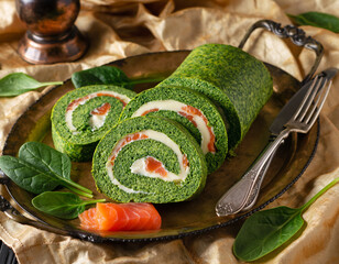 Rolada szpinakowa nadziewana serkiem i wędzonym łosiem jako przekąska na imprezę lub sylwestra