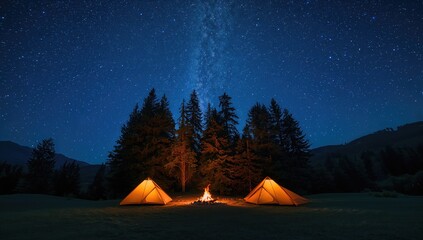 Mountain night camping scene featuring two lit tents and campfire amidst spruce trees, highlighting outdoor adventure and nighttime visibility