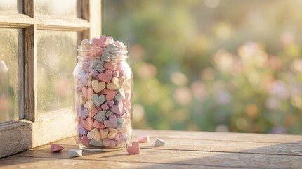 A jar filled with pastel heart-shaped candies on a wooden table with a blurred garden background.