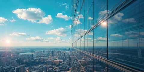 Contemporary structure featuring reflective glass panels capturing sky and cloud patterns, focusing on maintenance practices