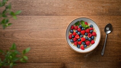 Oatmeal bowl with blueberries, raspberries, and strawberries, suitable for nutritious morning meals