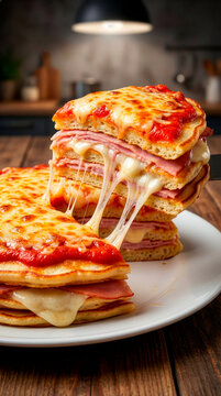 Panqueca de Presunto e Queijo, Ham and Cheese Pancake Sandwich with Melted Cheese and Tomato Sauce on White Plate, Close-Up Food Photography