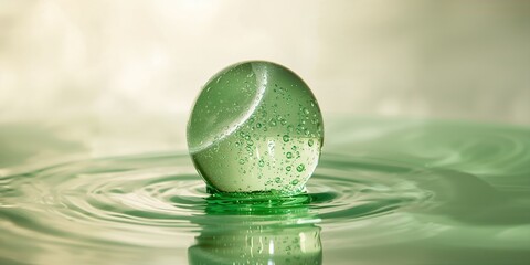 Close-up of a green skincare serum with bubbles, designed for topical application and skin health