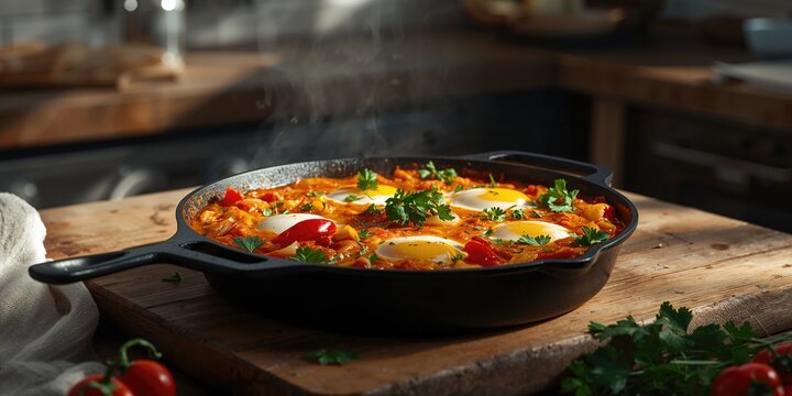 Eggs fried in tomato sauce with vegetables served in a pan, emphasizing breakfast cooking techniques