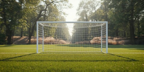 Soccer goal and ball placed on a well-maintained grass pitch for practice, sports gear, World Sports Day