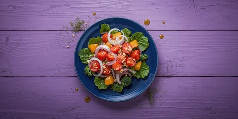 Vegan salad with peppers, tomatoes, onions, and broccoli on a blue plate for a fiber-rich meal, World Vegan Day