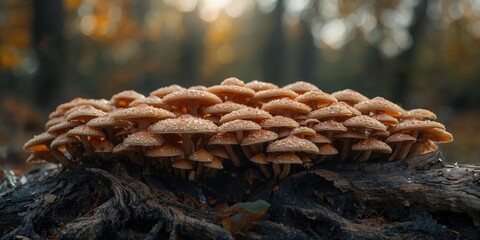 Group of edible mushrooms clustered on a dry fallen tree, highlighting wild harvest, World Mycology Day