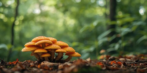 Bright orange mushrooms growing amid a forest setting, natural seasonal change