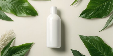 White bottle packaging for personal care products with green leaves emphasizing natural ingredients, ideal for branding layouts, Earth Day