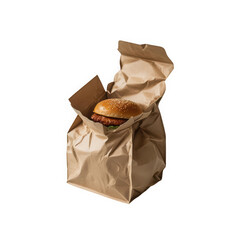 Delicious burger in a brown paper food bag on transparent background