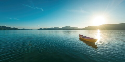 Scenic lake landscape with a boat and raft, emphasizing leisure activity and natural setting