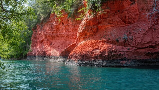 Salaca River with red sandstone cliffs emphasizing natural formation, Latvia