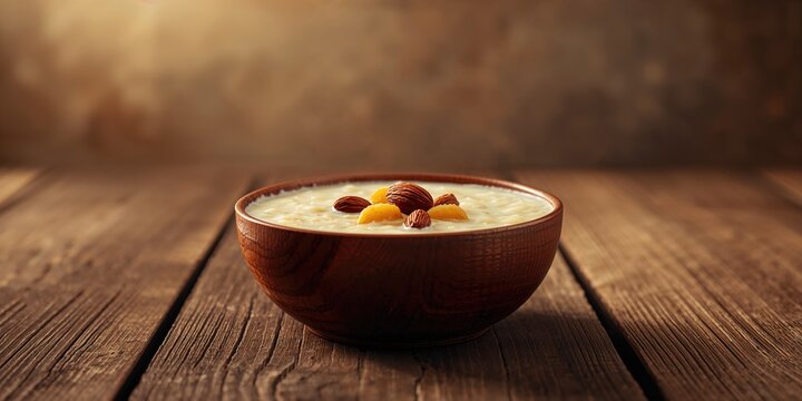 Kheer or rice pudding served in a bowl with dry fruits on a wooden surface, emphasizing cultural culinary details