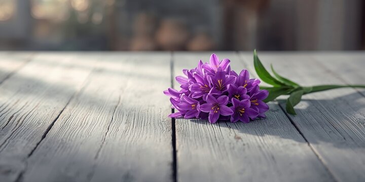 Close-up of purple colchicum flowers arranged on a white wooden surface highlighting autumn blooms, World Flower Day
