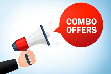 Hand holding megaphone with combo offers speech bubble