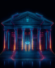 Vibrant Neon Outline of Classical Building: Futuristic Digital Architecture Glow
