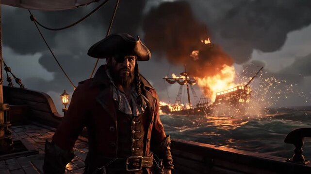 Pirate on Ship Deck with Burning Vessel in Stormy Ocean Battle Scene