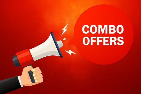 Combo offers announcement with megaphone and red background