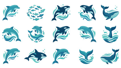 Fototapeta premium Stylized Marine Animal Vector Set, marine animal vector illustration, ocean wildlife artwork, dolphin and whale vector, orca and fish illustration, sea life collection, aquatic animal set,