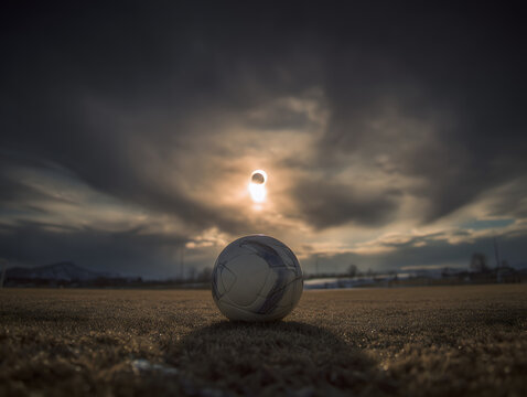 Football soccer ball on field under dramatic solar eclipse
