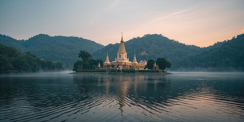 Temple of Tooth Relic in a serene water setting with sky reflection, spiritual sanctuary, religious observance